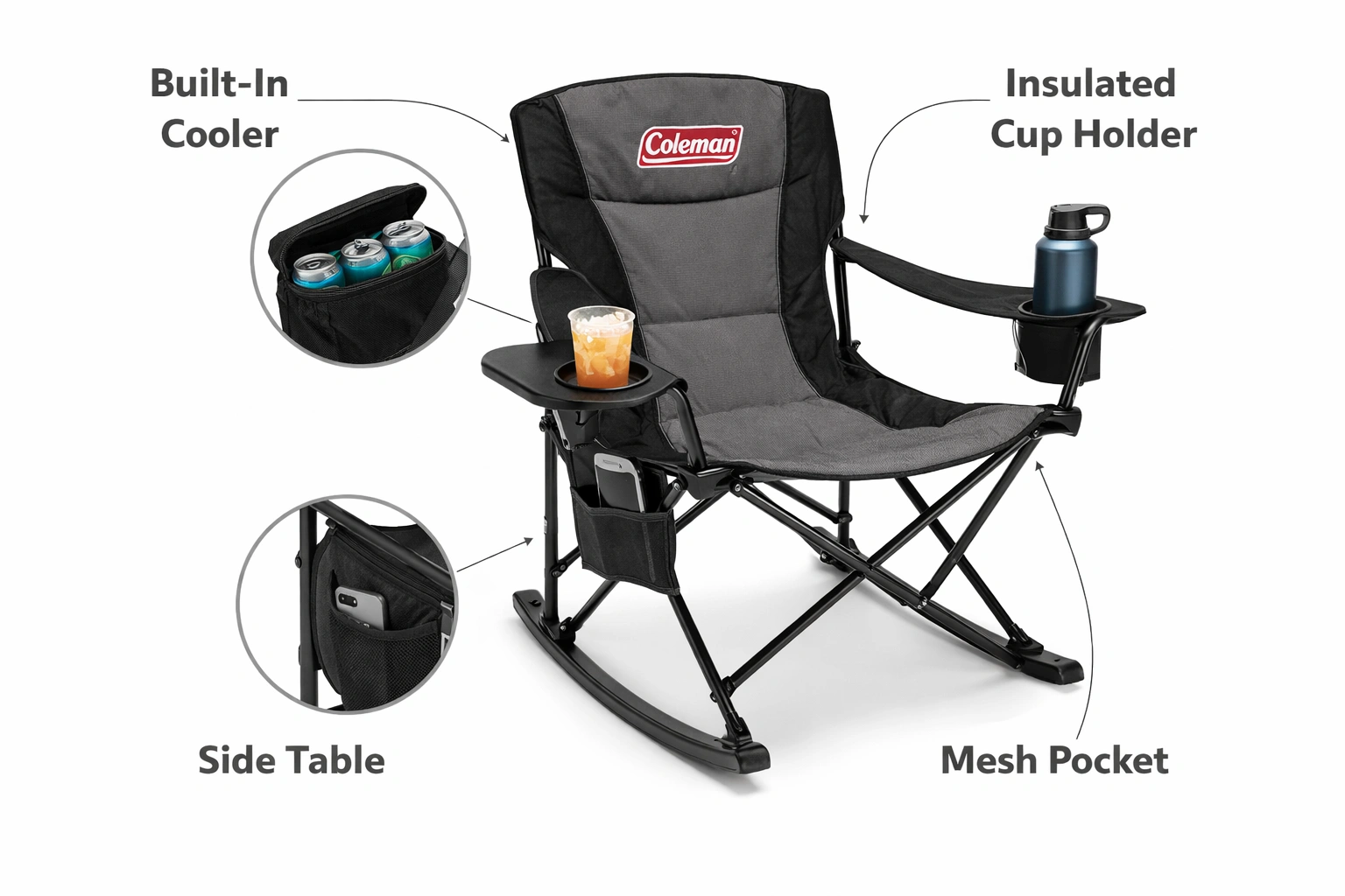 Camping chair with built-in cooler, cup holder, and side table showing convenience features