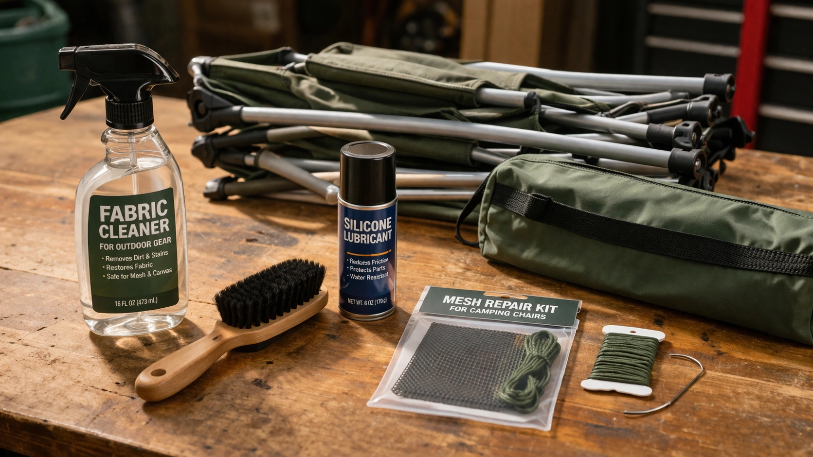 Flat lay of camping chair maintenance supplies on wooden table including spray bottle fabric cleaner soft brush silicone lubricant mesh patch kit and carry bag with folded chair in background