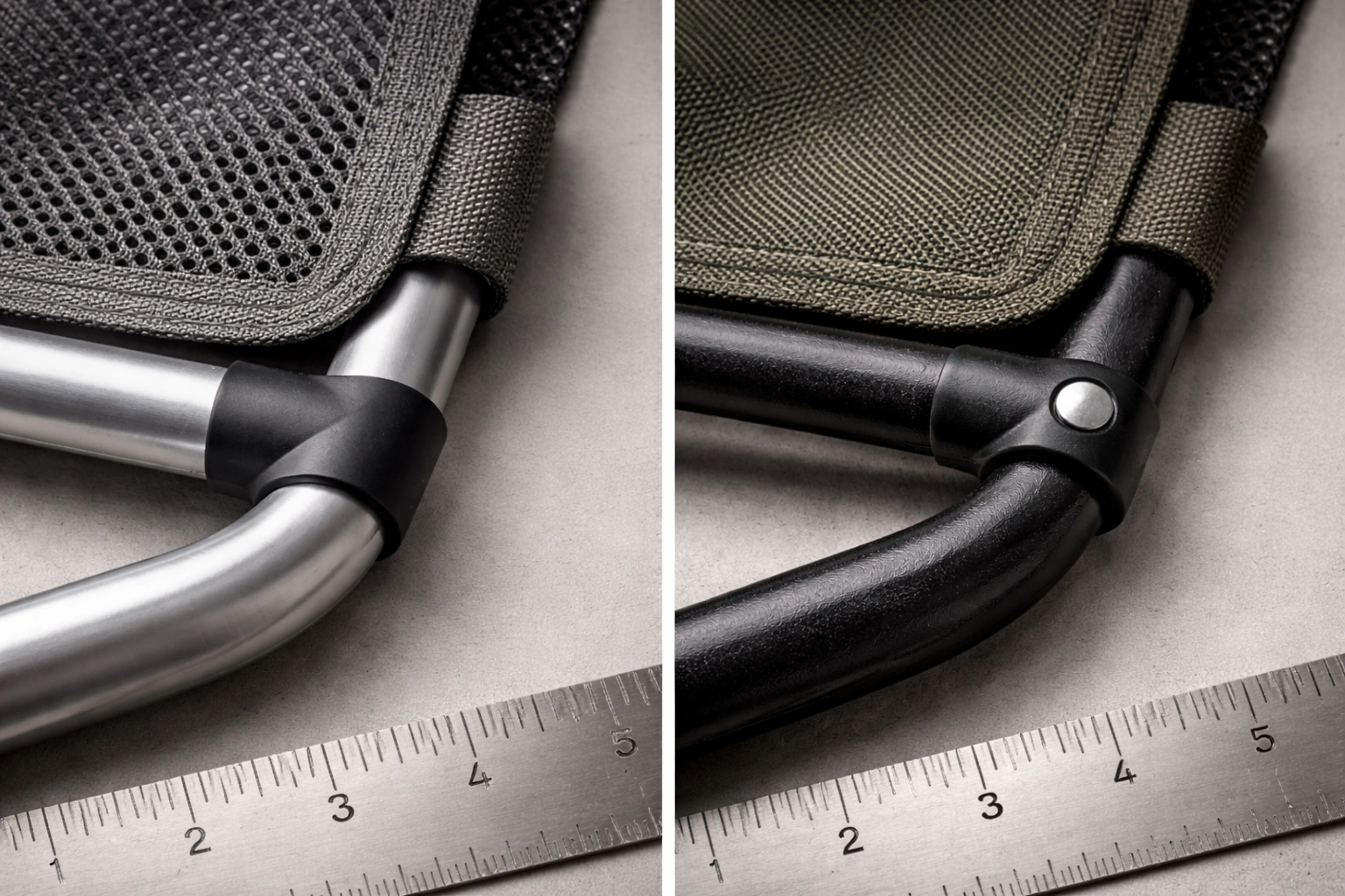 Macro closeup comparison of camping chair materials showing aluminum frame with polyester mesh on left and steel frame with Oxford canvas fabric on right with ruler for scale