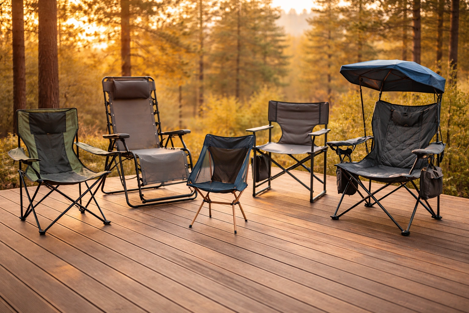Six different styles of camping chairs arranged in a semicircle on a wooden deck at sunset including folding zero-gravity ultralight director and canopy chairs