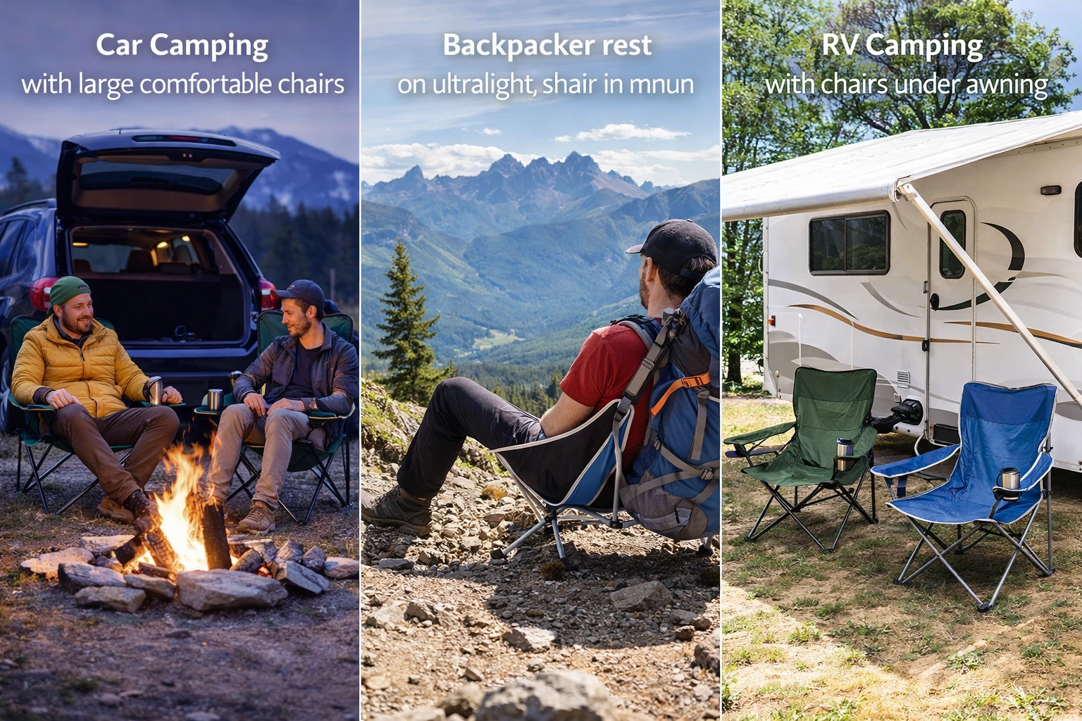 Different camping styles: car camping, backpacking, RV camping