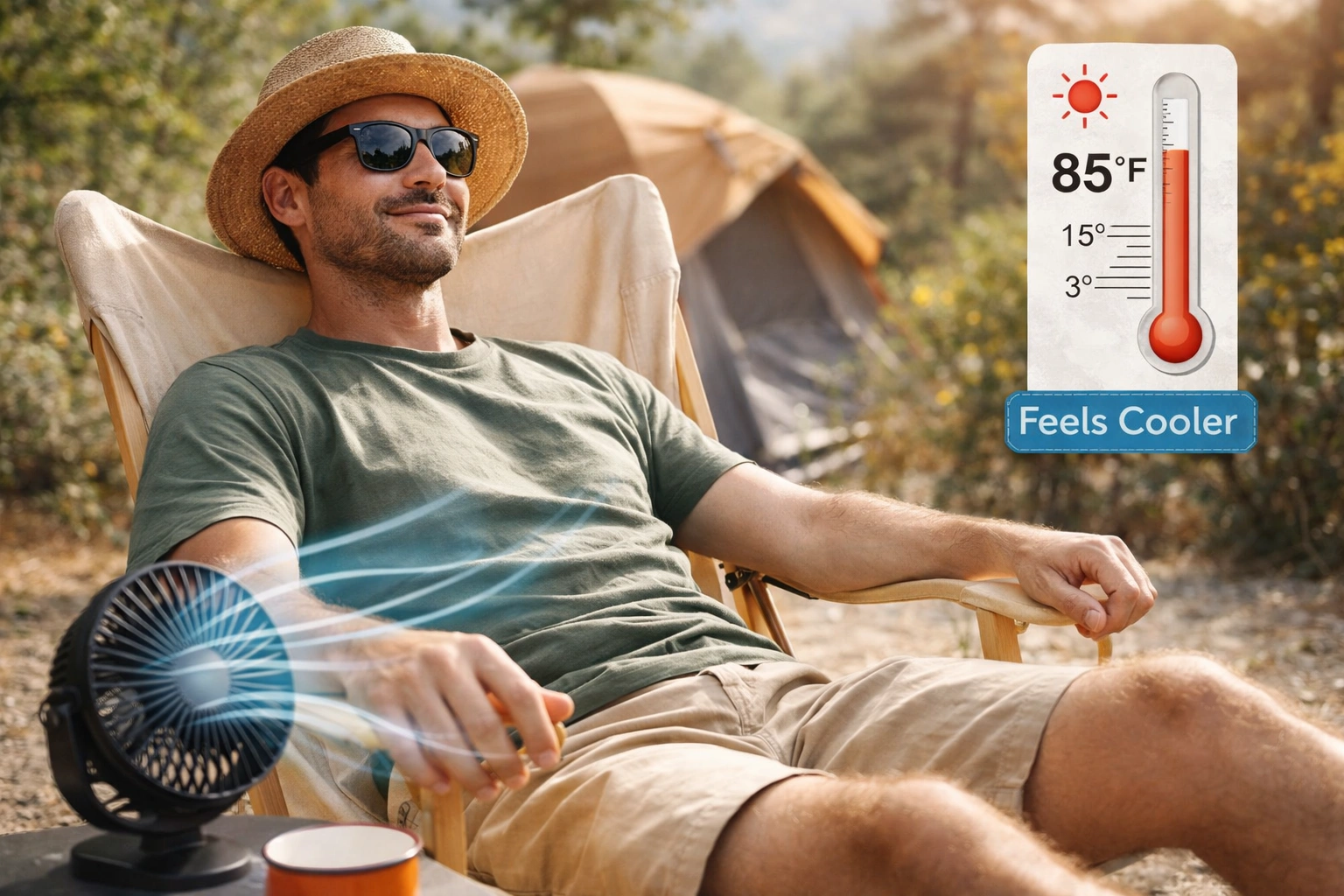 Person sitting in canvas camping chair on sunny day staying cool and comfortable