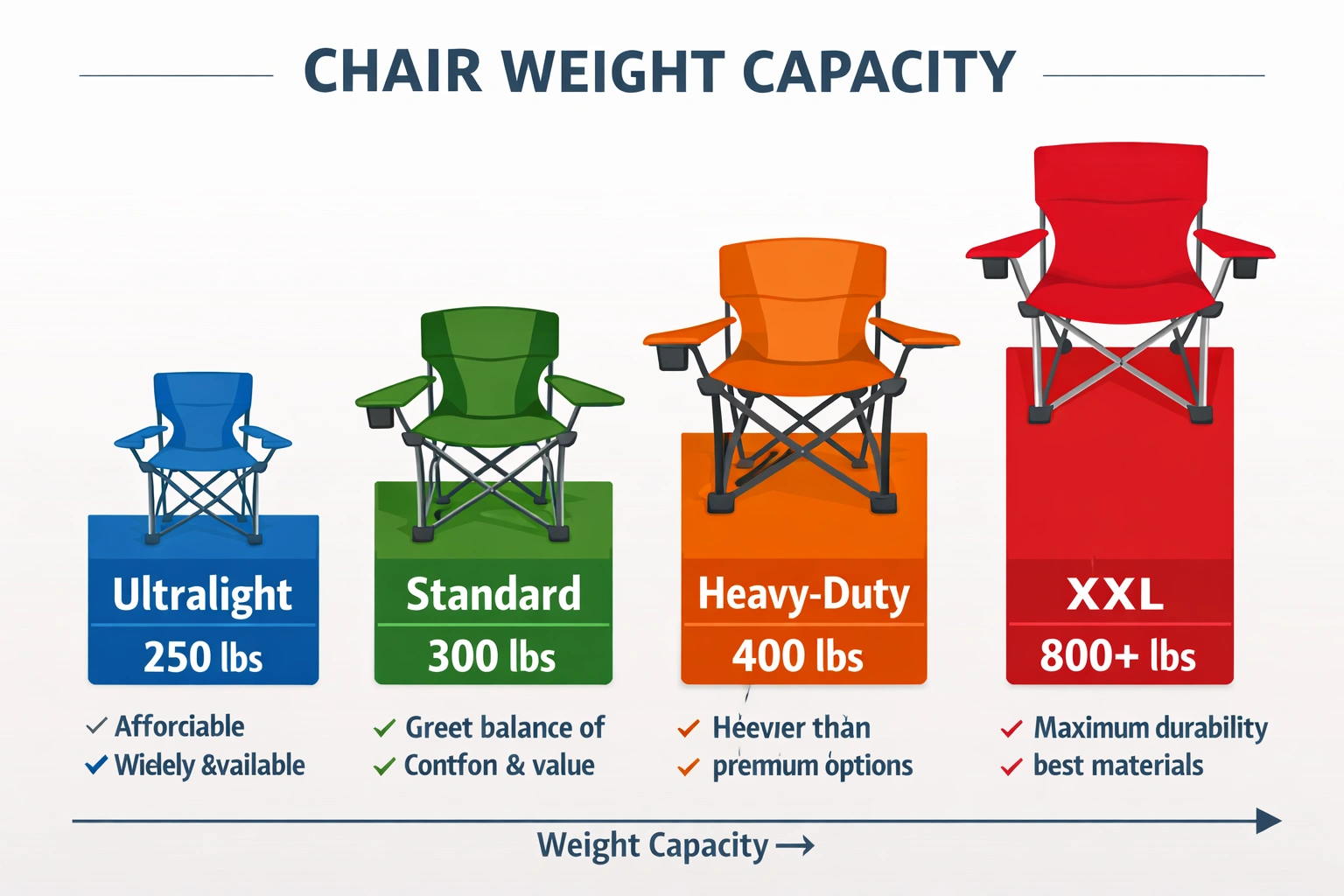Camping Chair Weight Capacity Classes Comparison Chart - Ultralight 250lbs, Standard 300lbs, Heavy-Duty 400lbs, XXL 800+ lbs