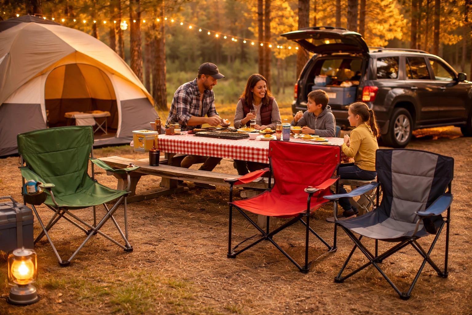 Family car camping with budget chairs