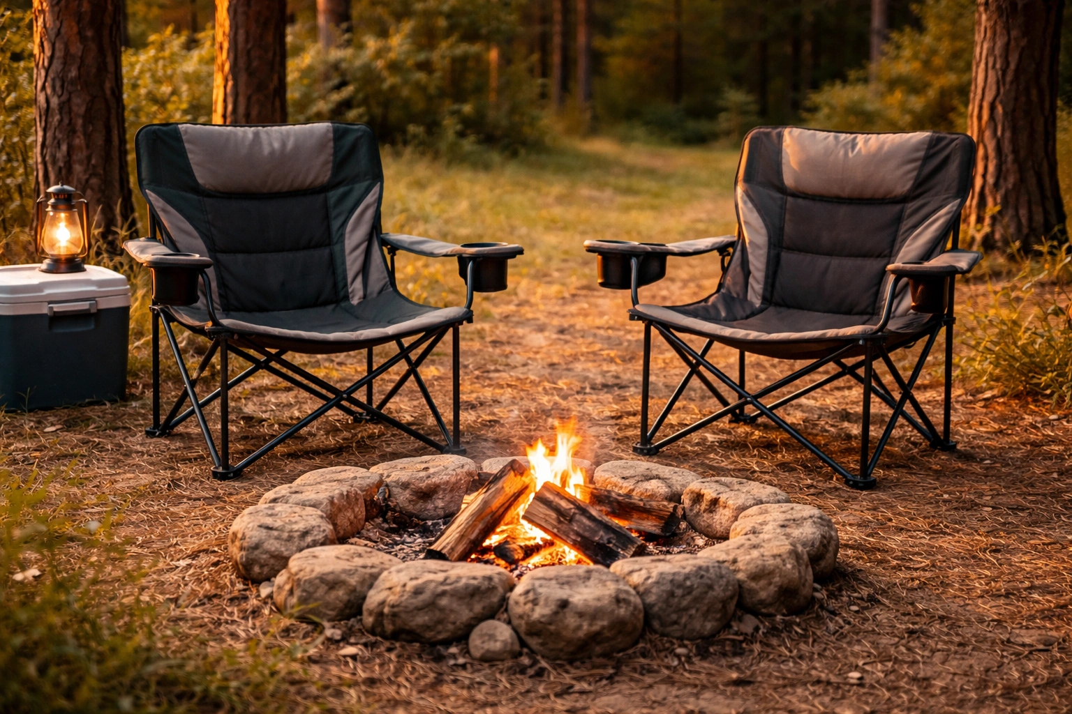 Two padded folding camping chairs with steel frames around a campfire in a pine forest at golden hour