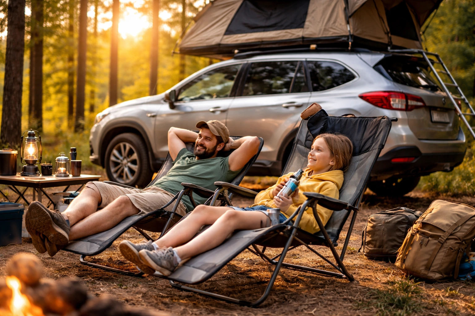 Family using reclining camping chairs at car camping site