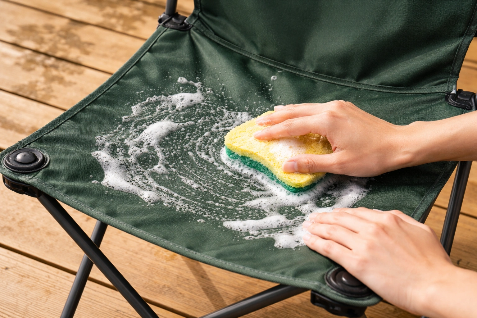 Cleaning a camping chair fabric with sponge and soapy water