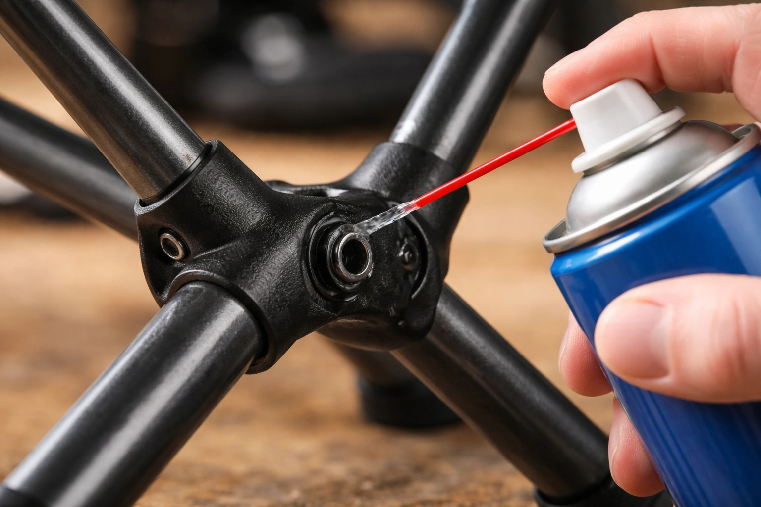 Applying silicone lubricant to camping chair metal hinge joint