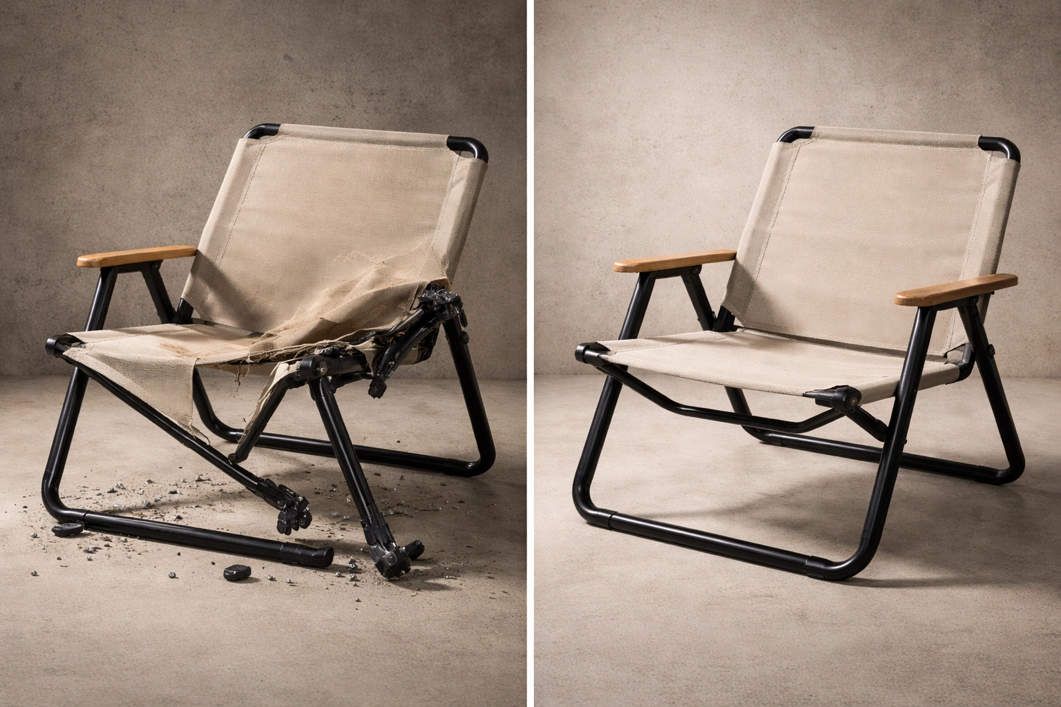 Split comparison of severely broken camping chair frame versus well maintained intact chair
