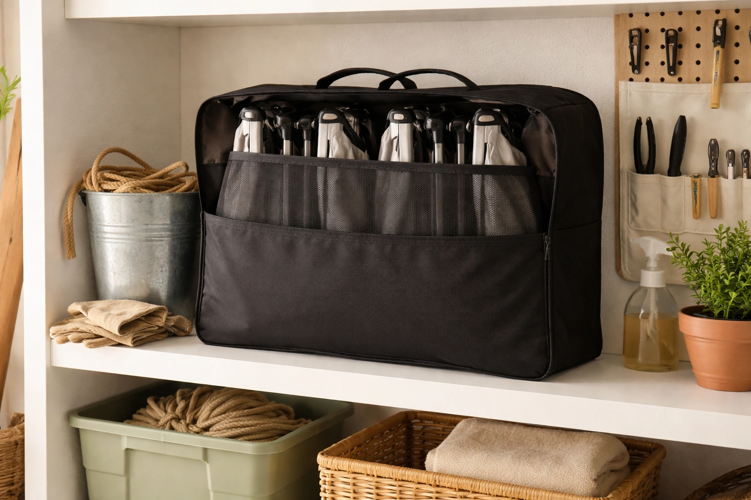 Folded camping chairs stored neatly in carry bags on a shelf