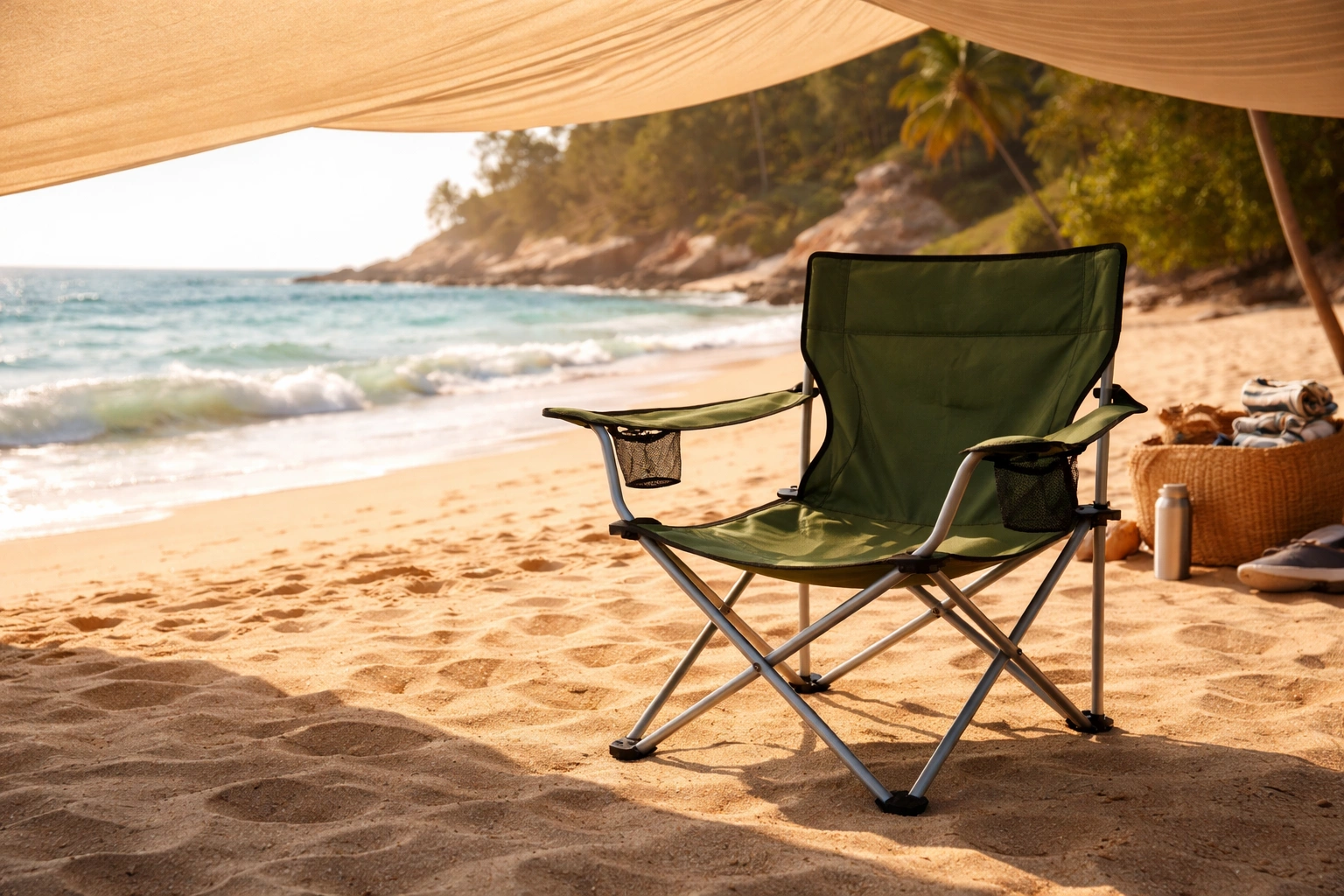 Camping chair protected from UV sunlight by a fabric shade canopy on a beach