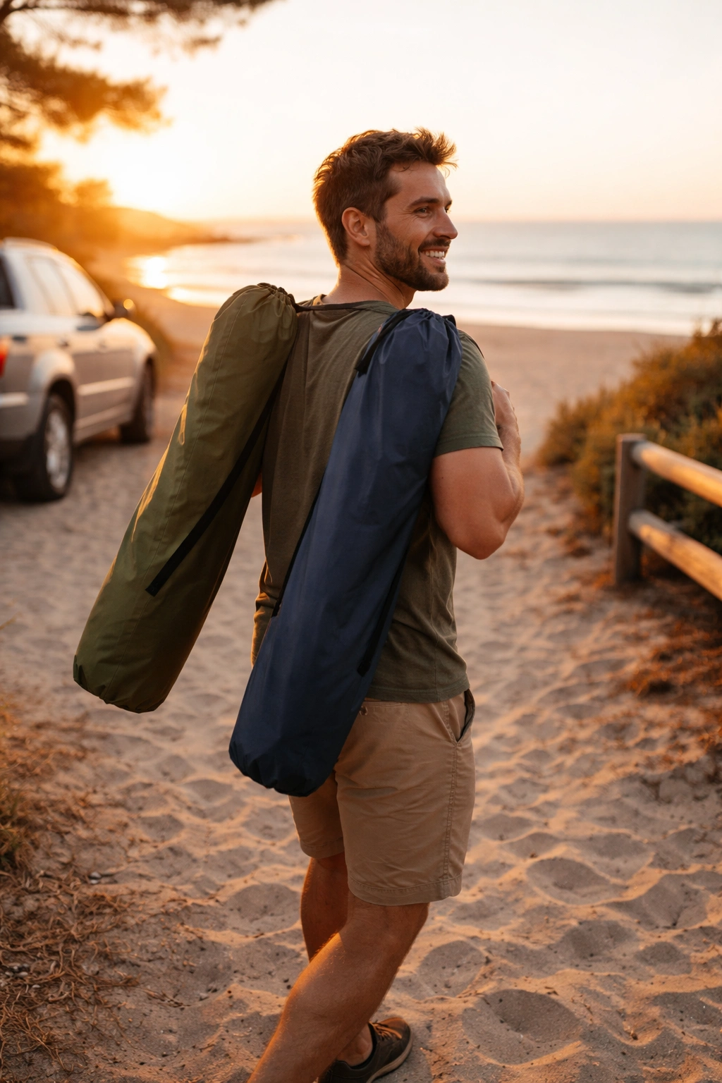 Person carrying two camping chairs in carry bags using shoulder straps walking from parked car toward beach