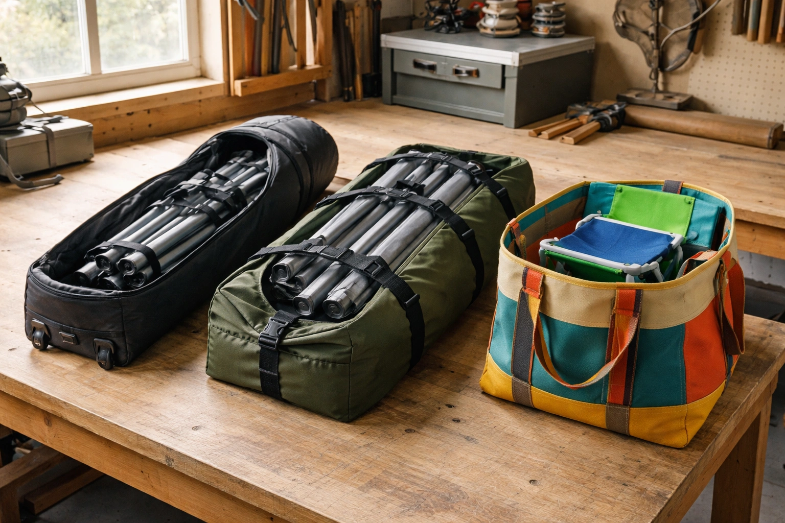 Three alternative chair storage solutions on workbench including golf travel bag duffel bag and canvas tote each holding a chair