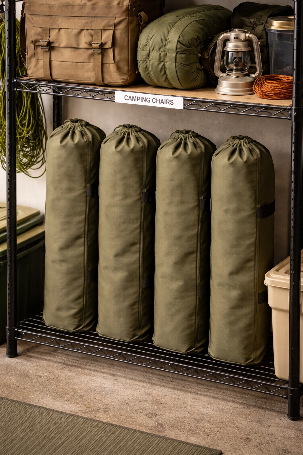 Clean dry garage with four camping chairs neatly stored upright inside carry bags on wire shelving unit