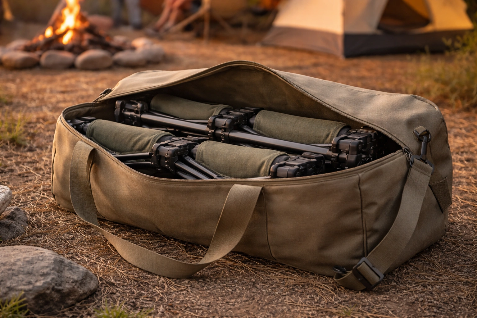 Large duffel-style carry bag holding three folded camping chairs with shoulder strap at family campsite