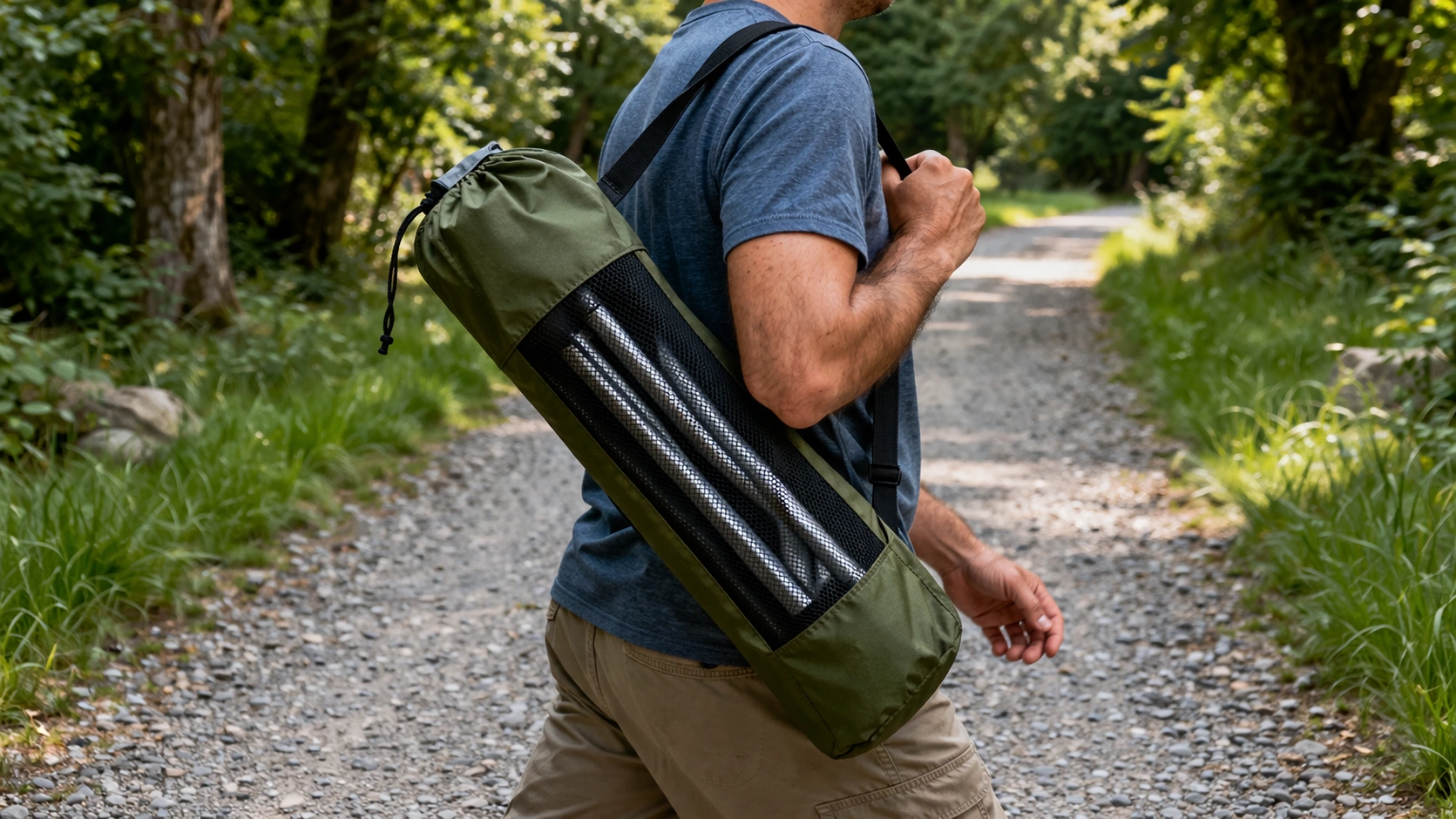 Person carrying folded camping chair in sling-style carry bag over shoulder while walking on outdoor path