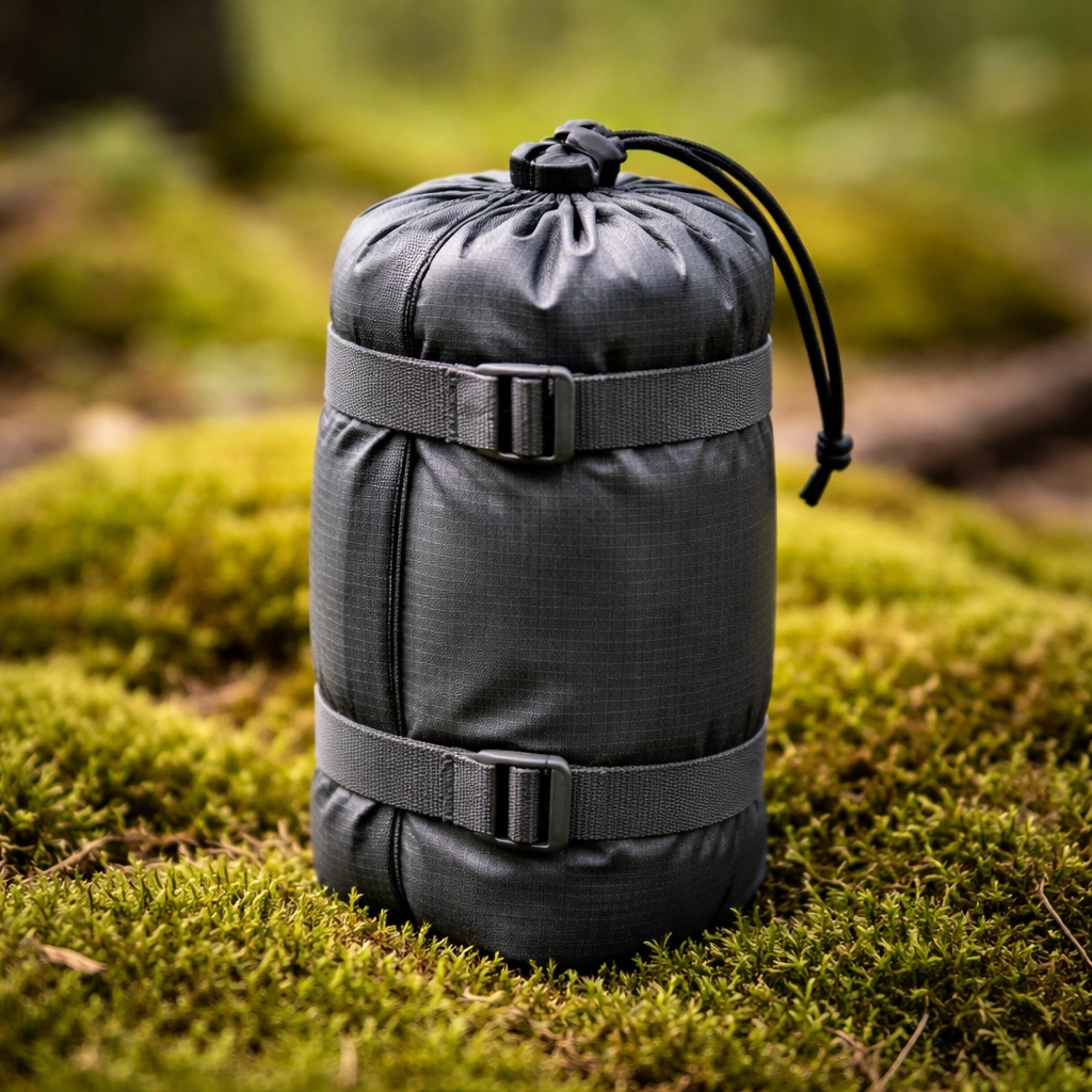 Lightweight ripstop nylon stuff sack containing compact ultralight folding chair with compression straps on forest ground