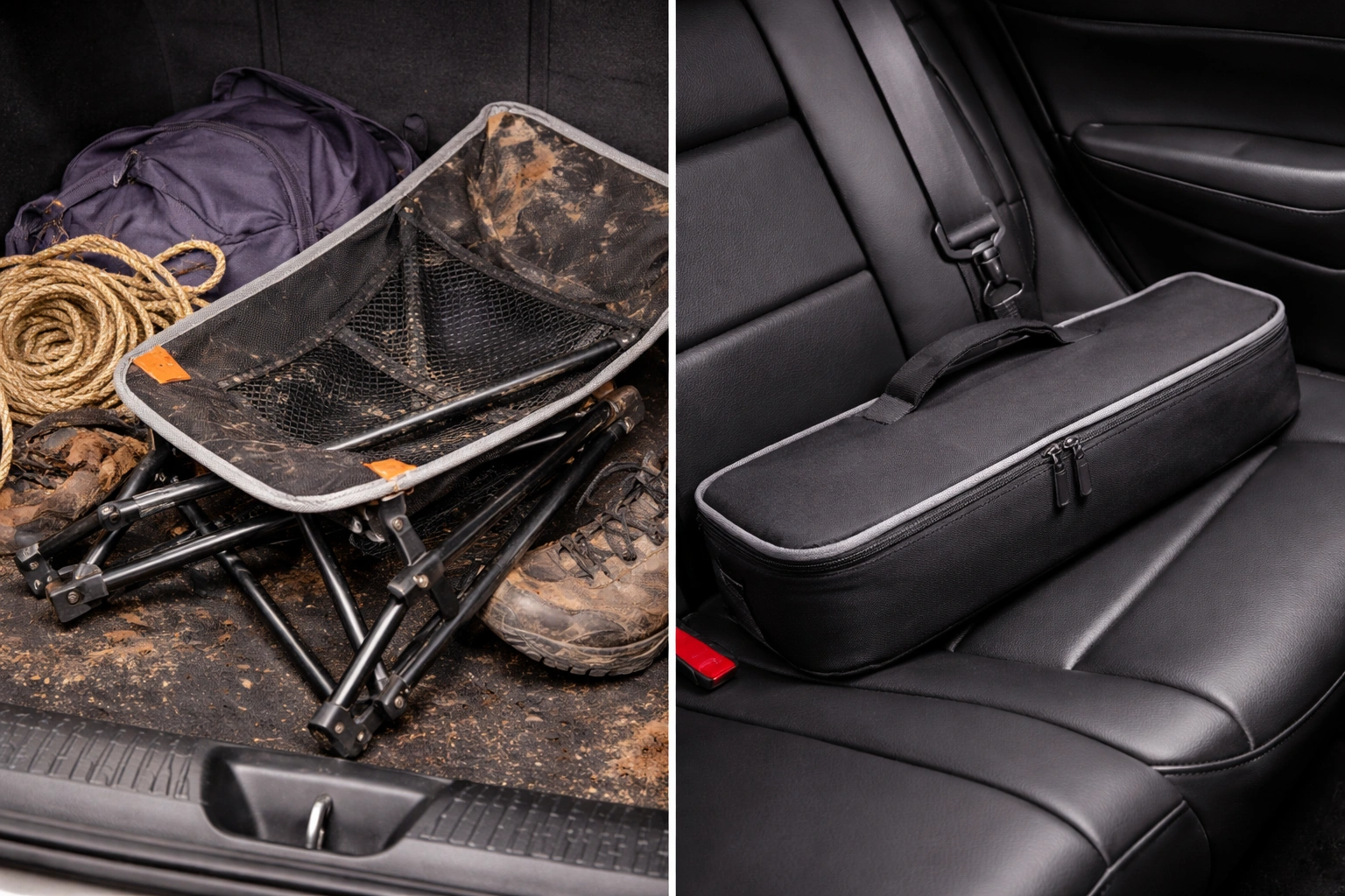 Comparison of camping chair without carry bag getting scratched in car trunk versus chair protected inside padded carry bag