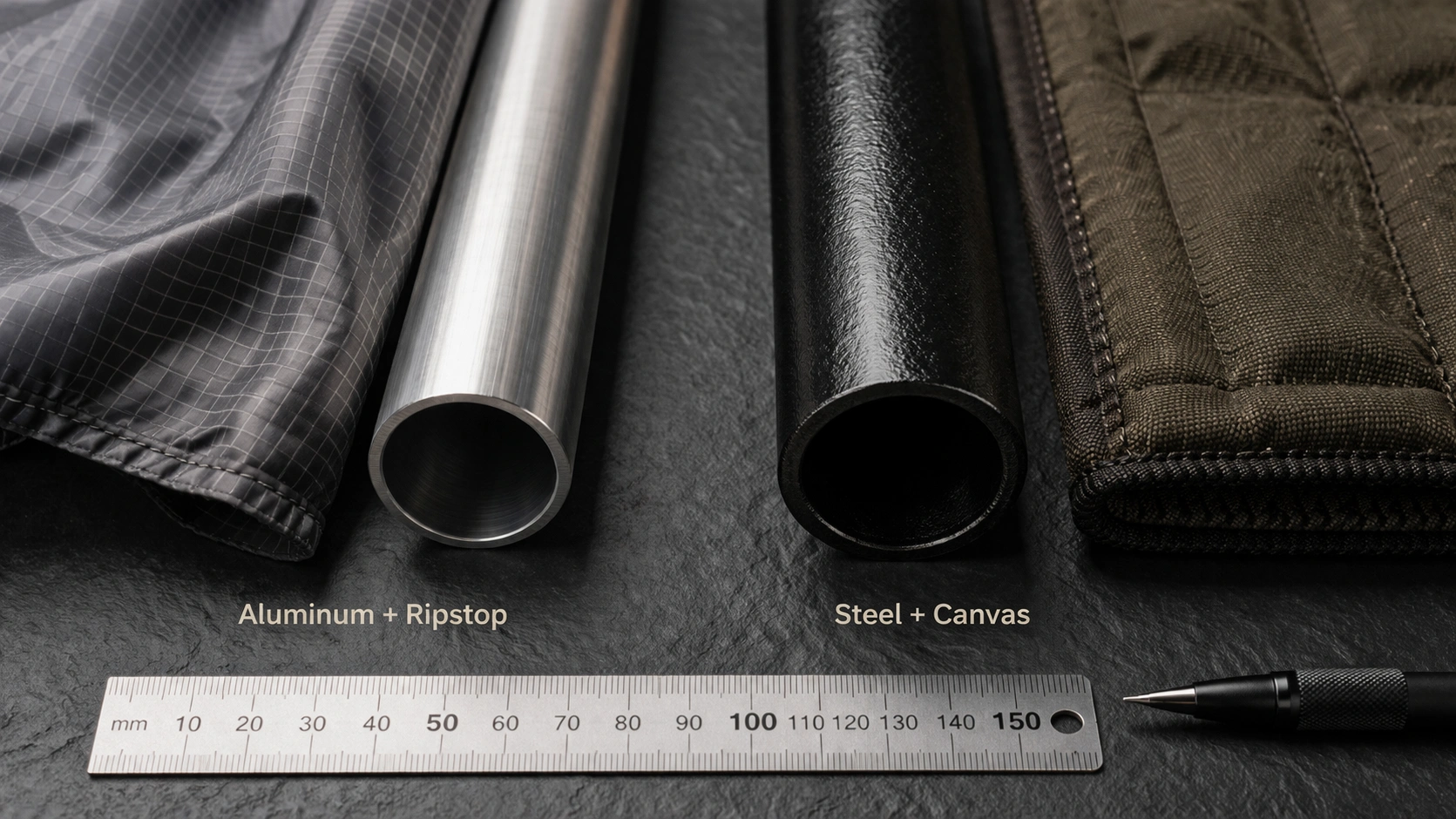 Macro closeup of camping chair materials showing brushed aluminum tubing with ripstop nylon fabric on left and thick powder-coated steel tubing with padded canvas fabric on right with ruler for scale
