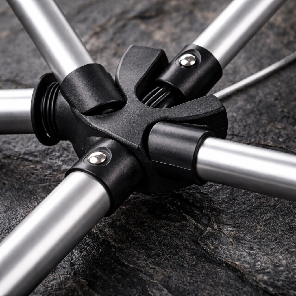 Macro close-up of aluminum alloy pole joints and shock-corded connections on camping chair frame