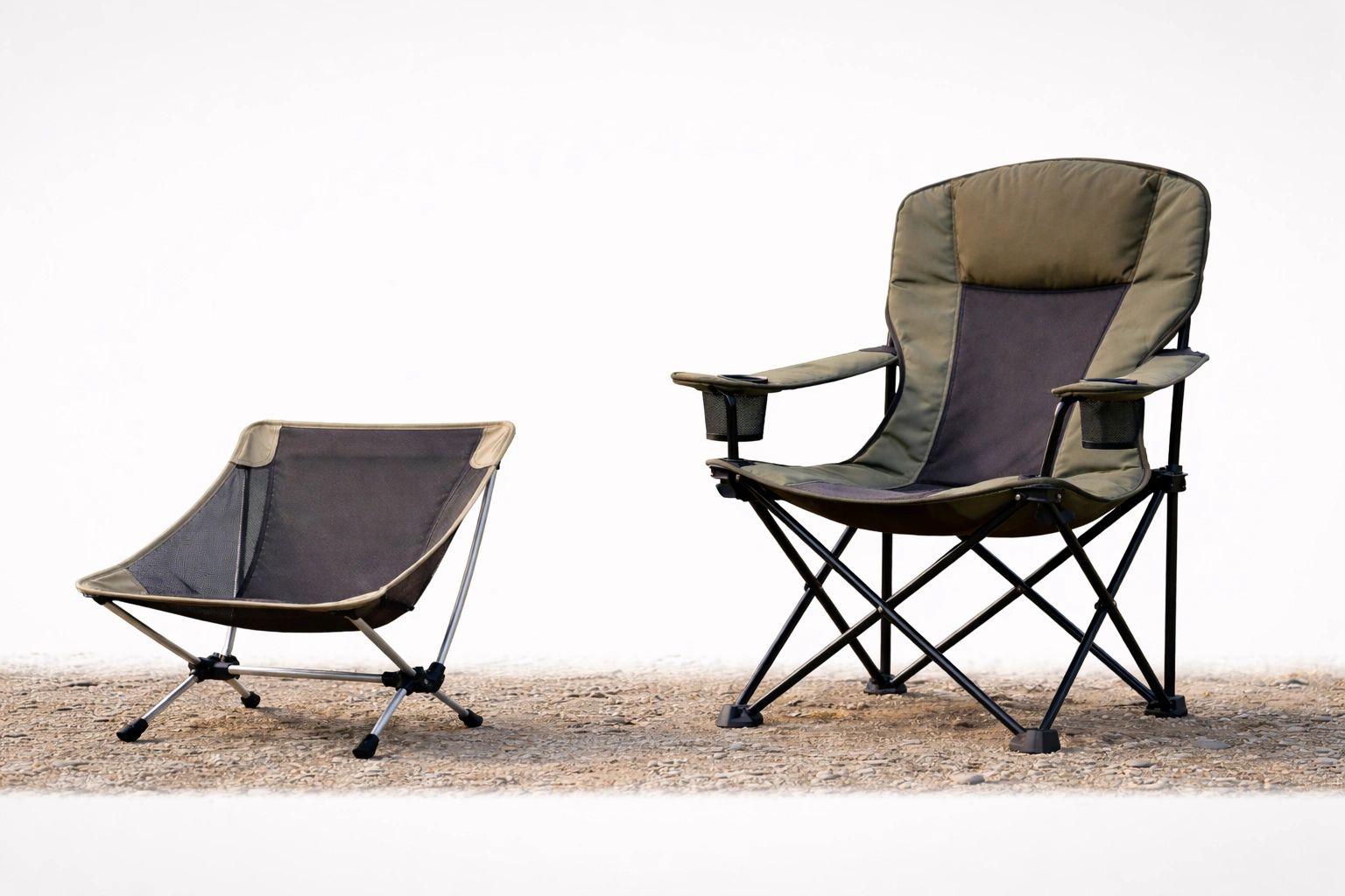 Side profile comparison showing height difference between low-back chair and high-back chair with headrest