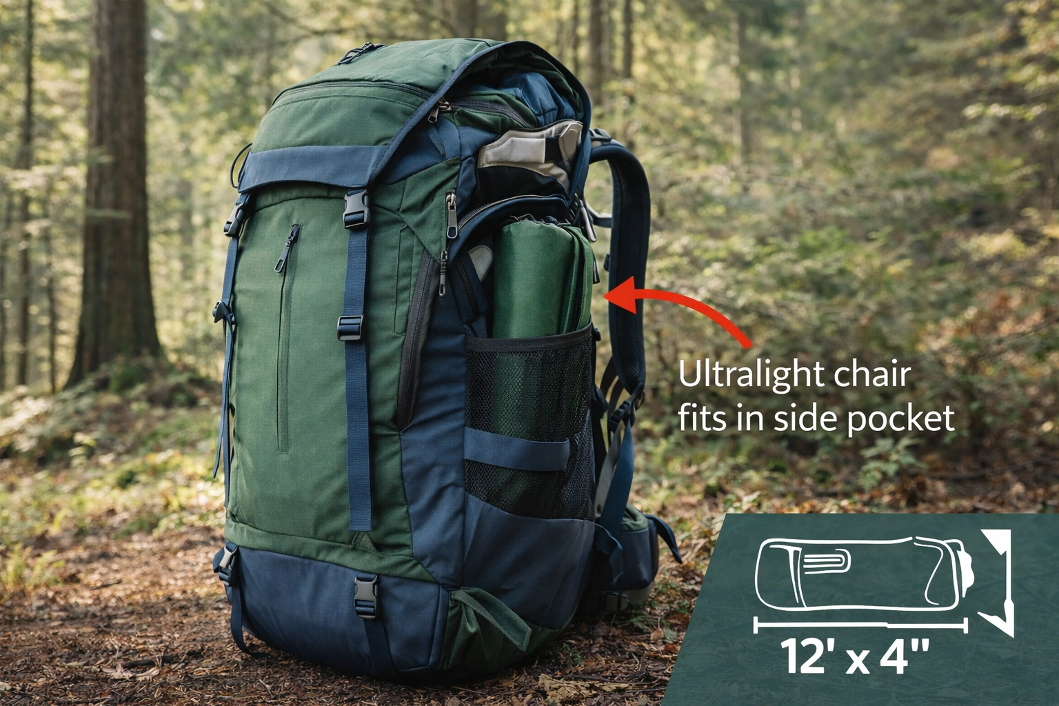 Ultralight camping chair packed inside hiking backpack showing space efficiency