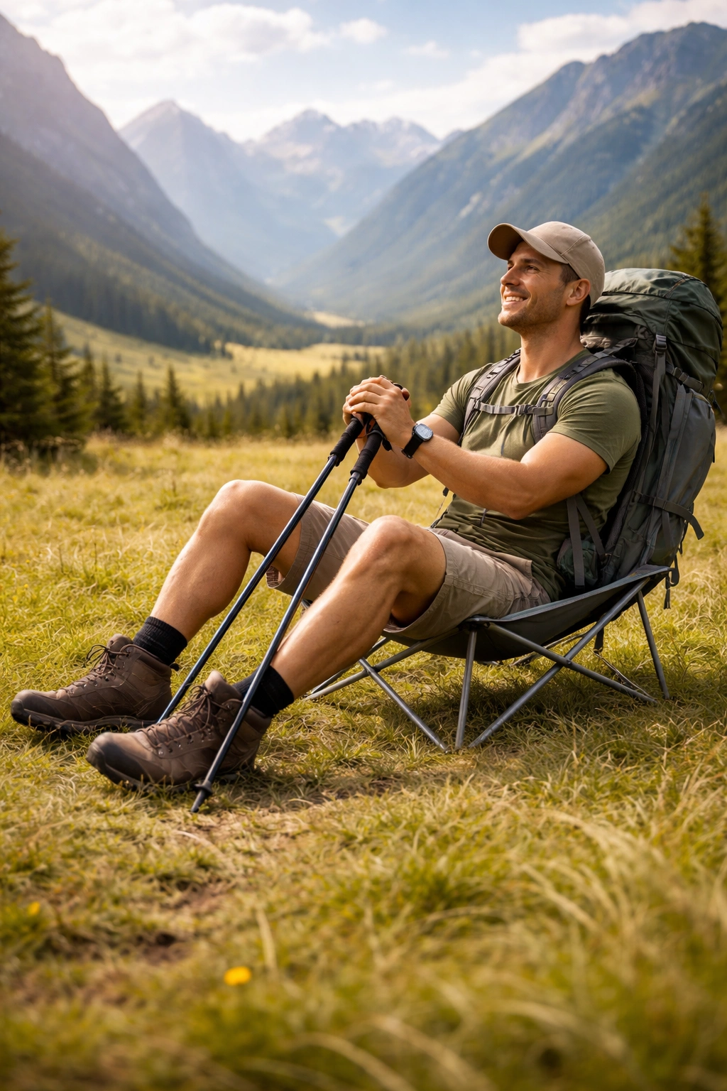 Backpacker sitting in lightweight chair with mountain view