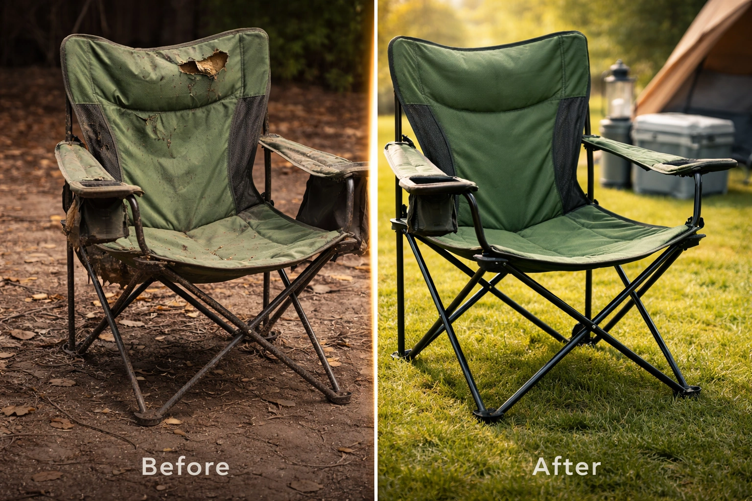 Before and after split comparison of camping chair repair showing torn fabric rusty frame and wobbly leg on left versus same chair model fully restored and clean on right