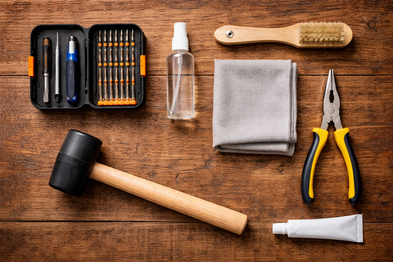Flat lay of camping chair repair tools including screwdriver, lubricant spray, brush, pliers, and cloth