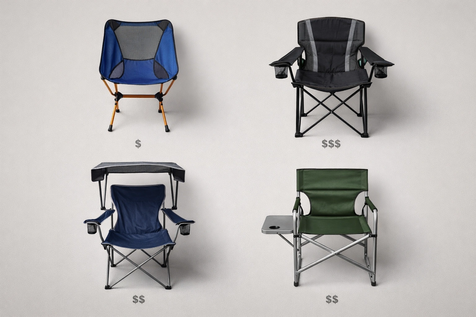 Top-down flat lay of four camping chair types arranged in a 2x2 grid showing ultralight heavy-duty canopy and director chairs