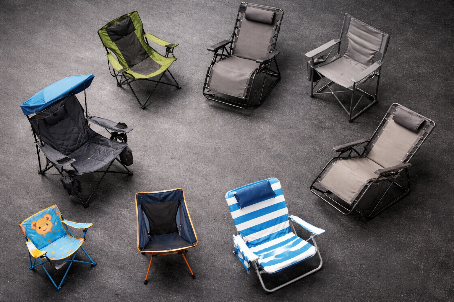 Top-down flat lay of eight different camping chair styles arranged in a circle including ultralight folding rocking director zero-gravity canopy kids and beach chairs