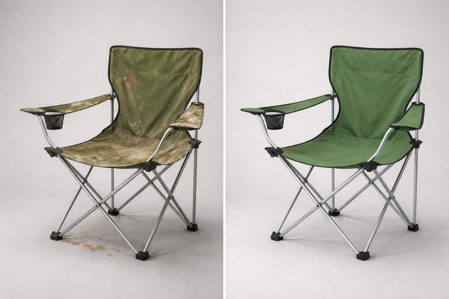 Split comparison showing dirty camping chair with mud stains and dust on left side versus same style chair clean and pristine on right side