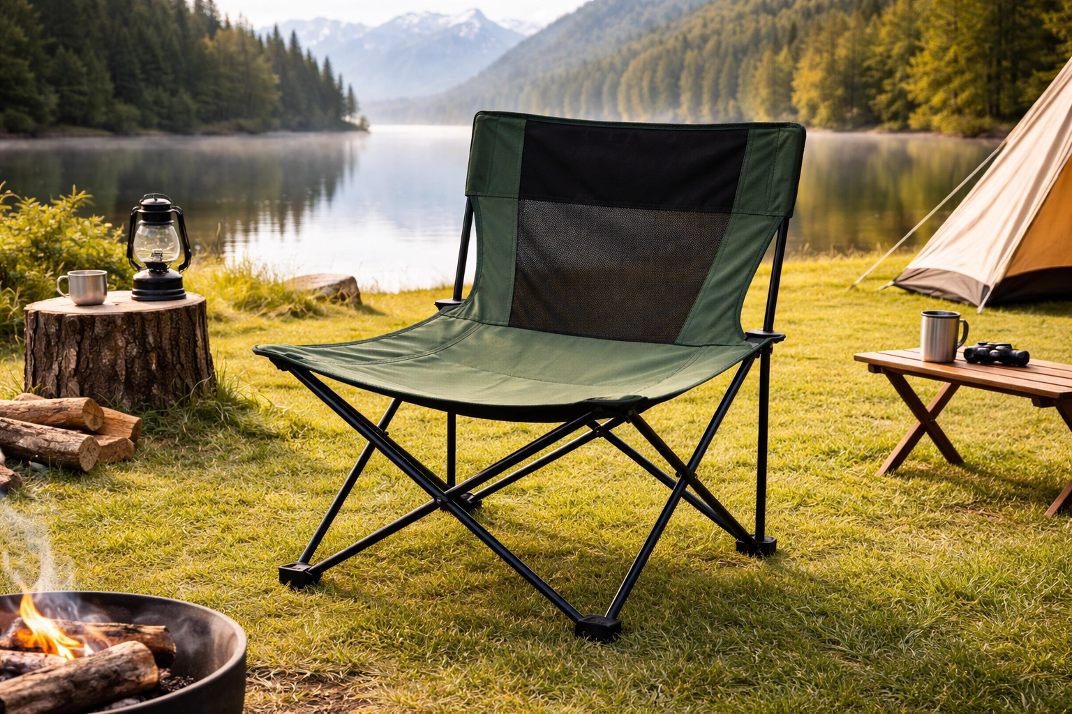 Perfectly clean camping chair set up on pristine grassy campsite at mountain lake with morning golden light showing spotless fabric and gleaming frame