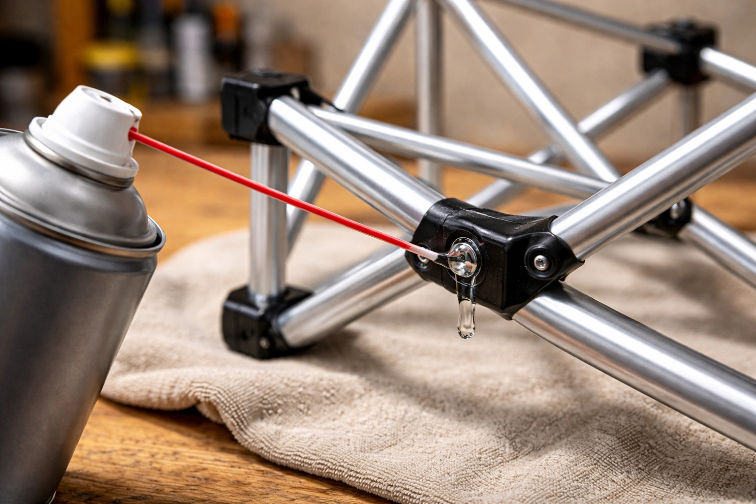 Close-up of silicone spray can nozzle directed at folding hinge joint of camping chair frame with clear lubricant drop visible on metal