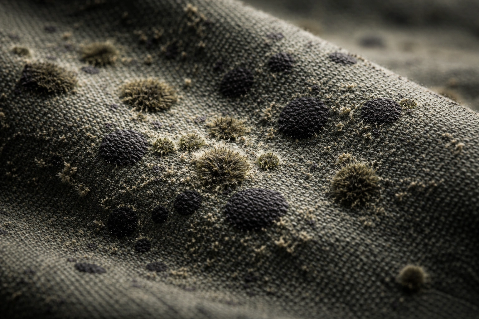 Macro close-up of dark green and black mold spots embedded in the weave of damp canvas camping chair fabric with visible texture