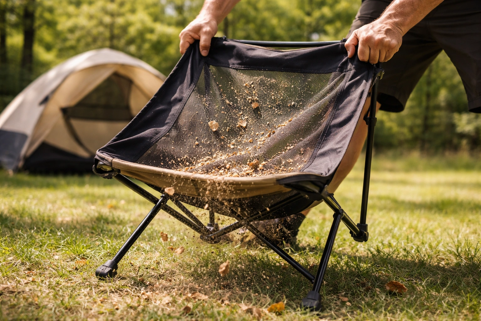 Camping chair being shaken vigorously by hands with sand leaves and crumbs falling off mesh fabric onto grassy ground at campsite