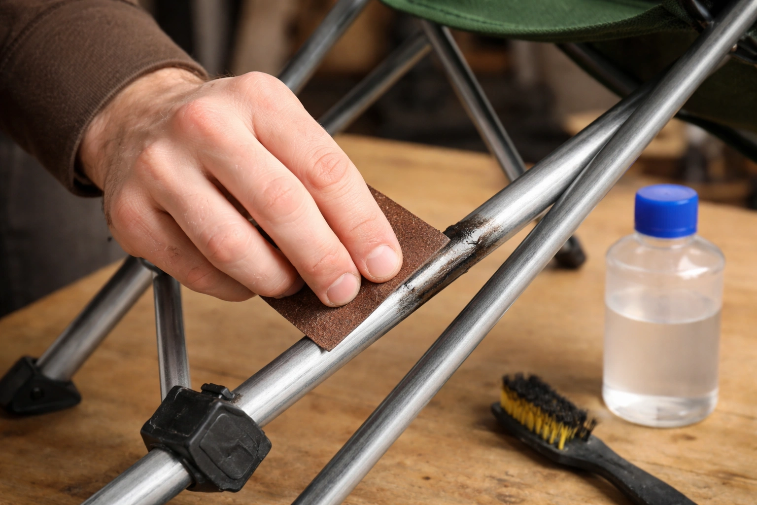 Hand sanding small rust spot on steel camping chair frame with fine-grit sandpaper showing bare shiny metal surrounded by original black coating