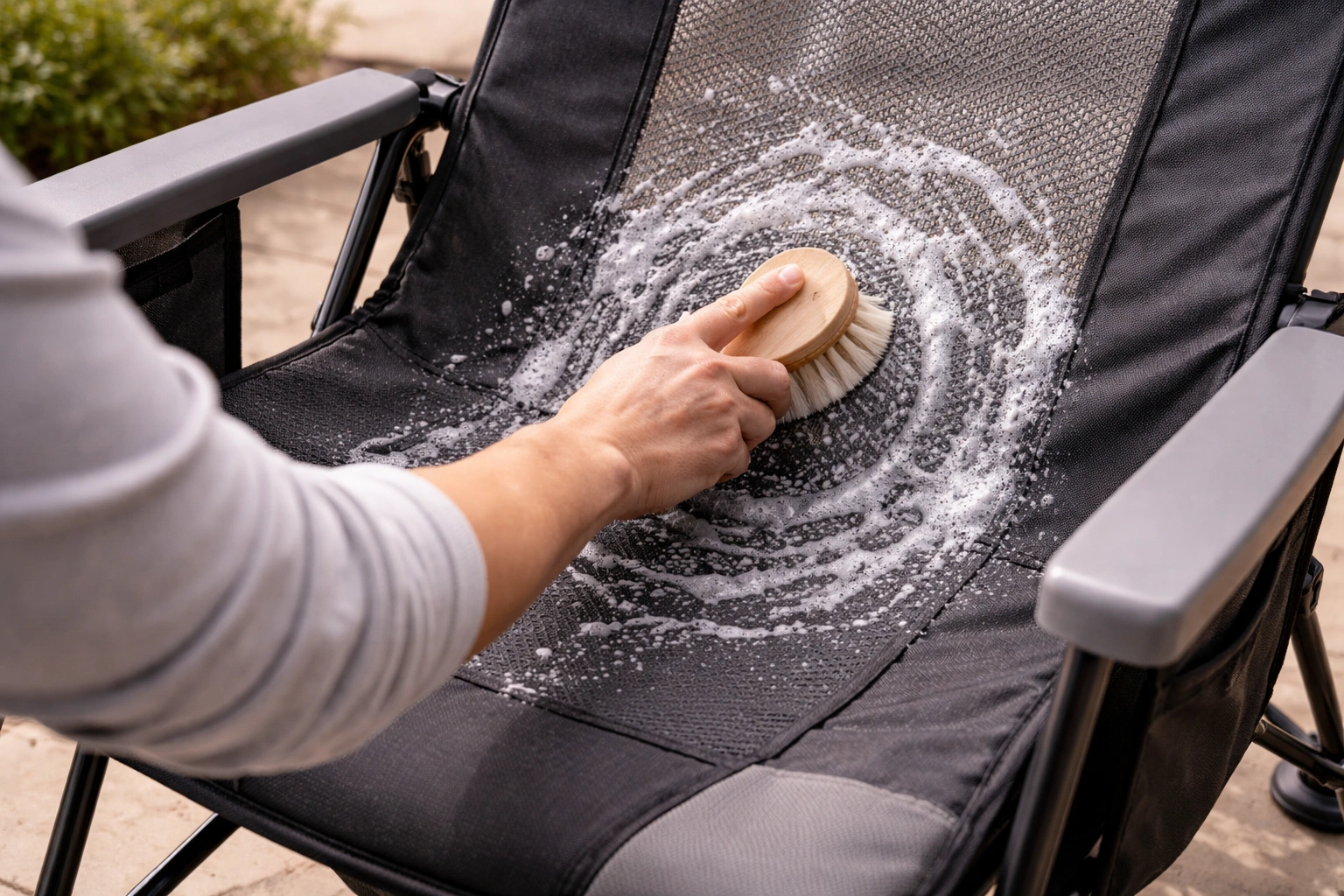 Close-up of soft-bristled brush scrubbing circular motions on dark gray mesh camping chair fabric with soapy suds visible