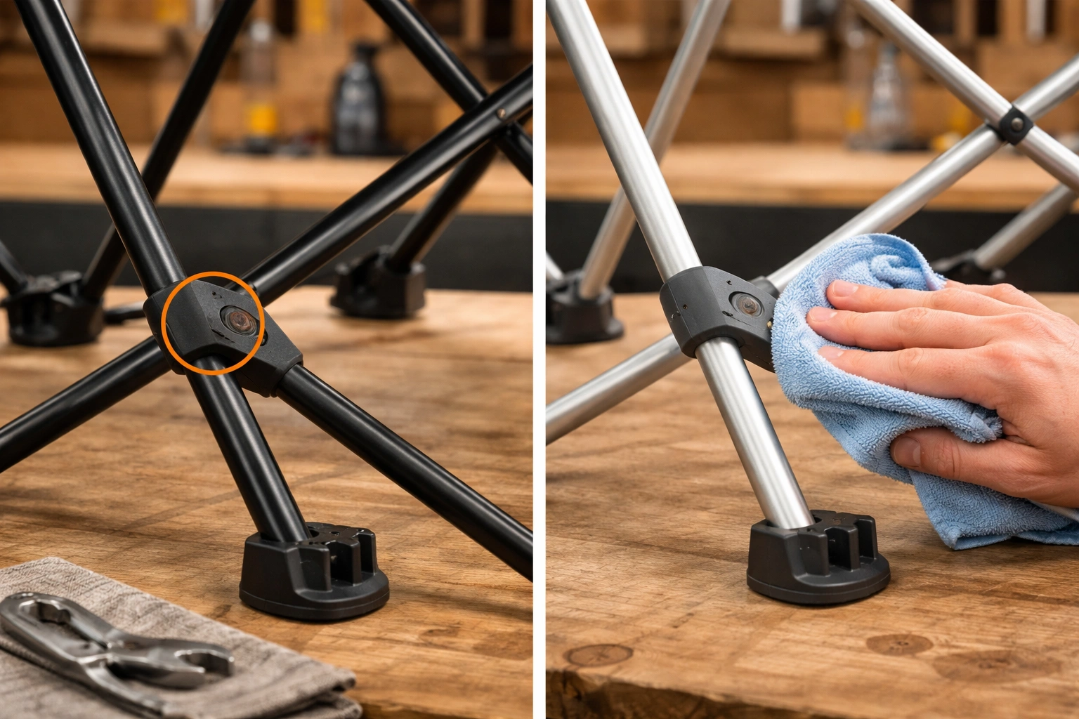 Side-by-side comparison of matte black steel chair frame with rust spot and brushed silver aluminum frame being wiped with damp cloth on workbench