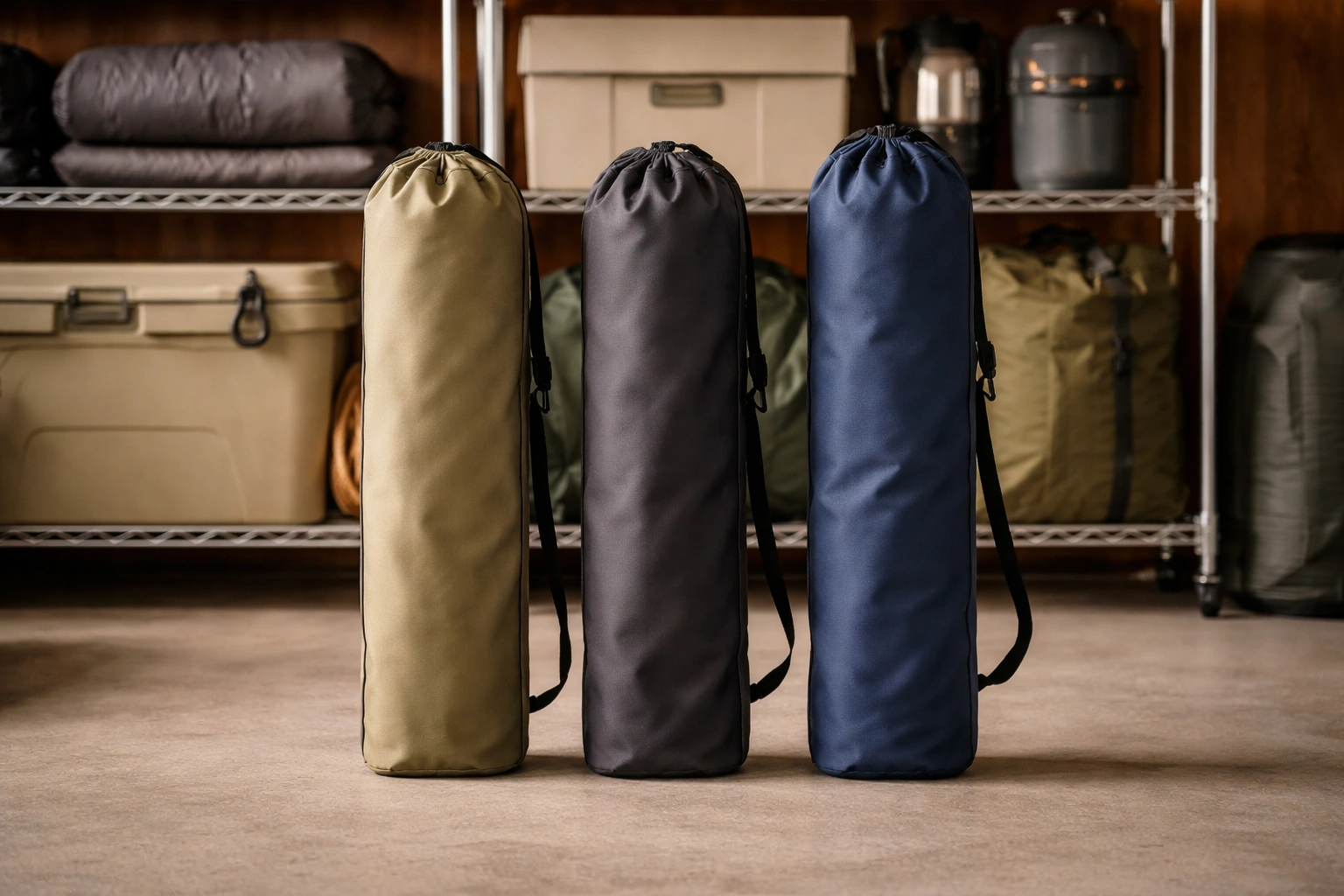 Three clean camping chairs in carry bags standing upright in neat row inside clean organized garage with camping gear shelving in background