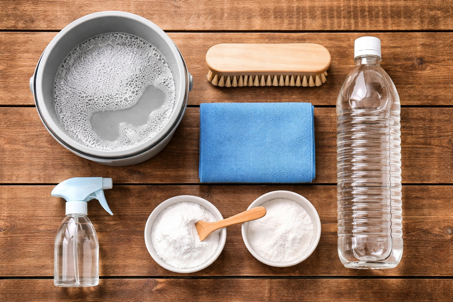 Flat lay overhead of cleaning supplies on wooden table including bucket of soapy water soft brush microfiber cloth spray bottle baking soda and vinegar