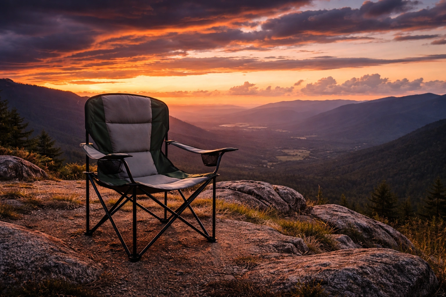 Single steel-frame camping chair with padded seat on rocky hilltop overlook at sunset facing vast valley panorama with dramatic orange purple sky