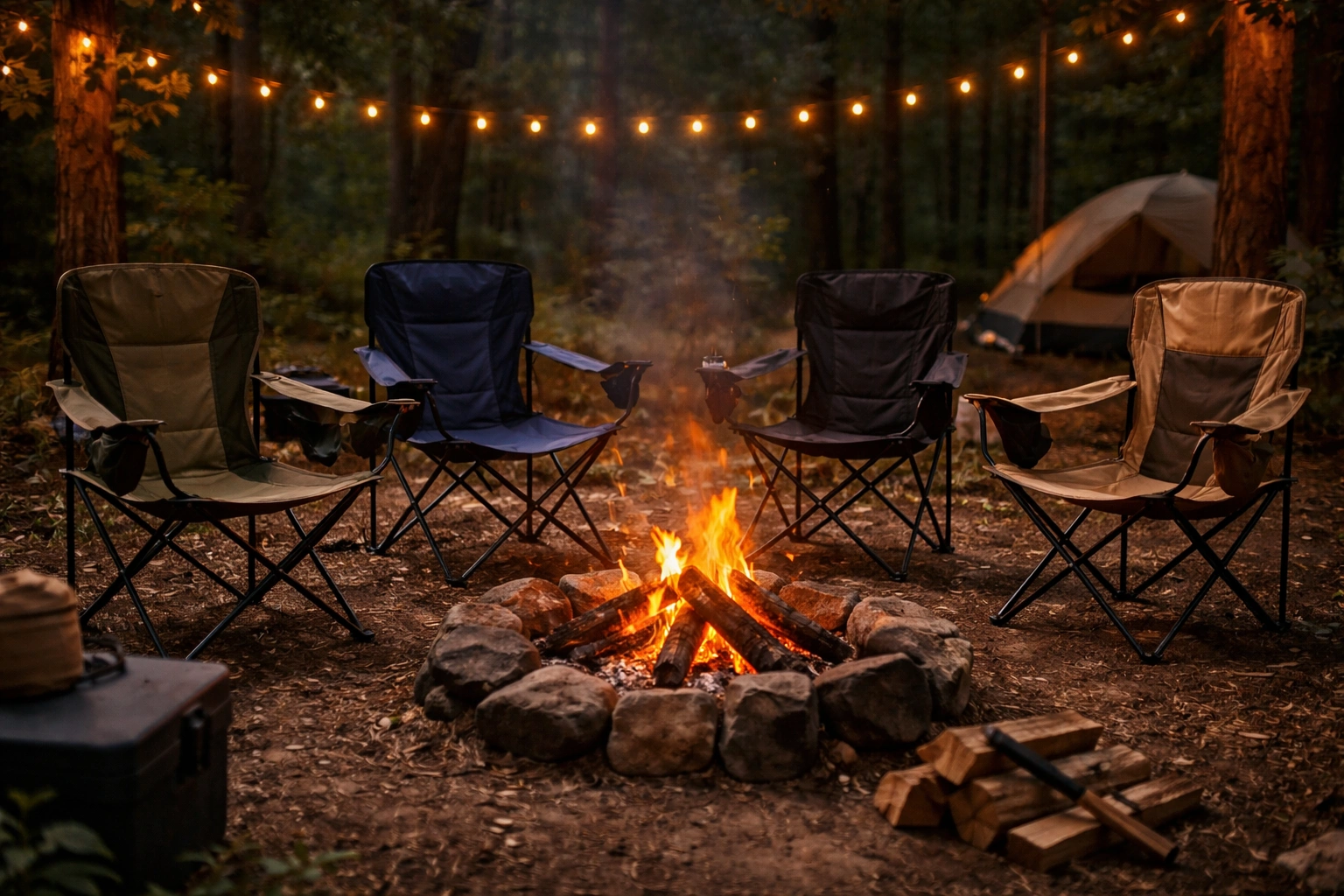 Four empty steel-frame camping chairs of varying styles arranged in semicircle around crackling campfire in forest campsite at dusk with string lights