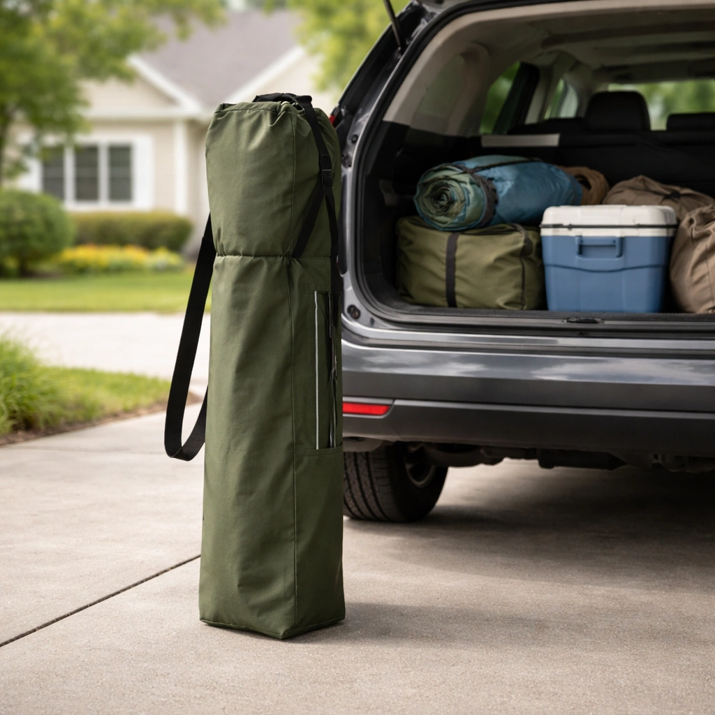 Folded steel-frame camping chair in carry bag with shoulder strap standing beside open car trunk with camping gear inside