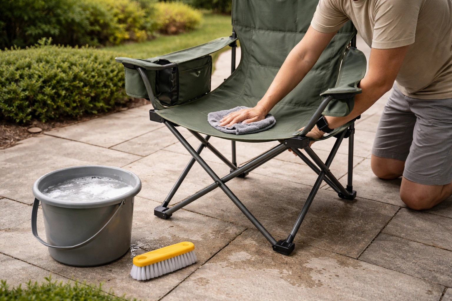 Steel-frame camping chair on patio being wiped down with damp microfiber cloth with bucket of soapy water and soft brush beside it