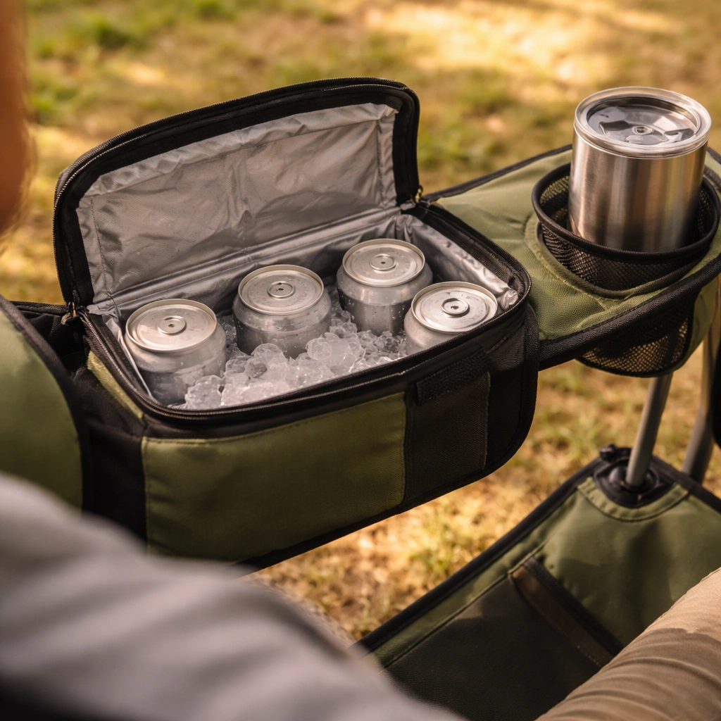 Over-shoulder view of camping chair armrest showing insulated cooler pouch with four canned drinks and mesh cup holder with tumbler
