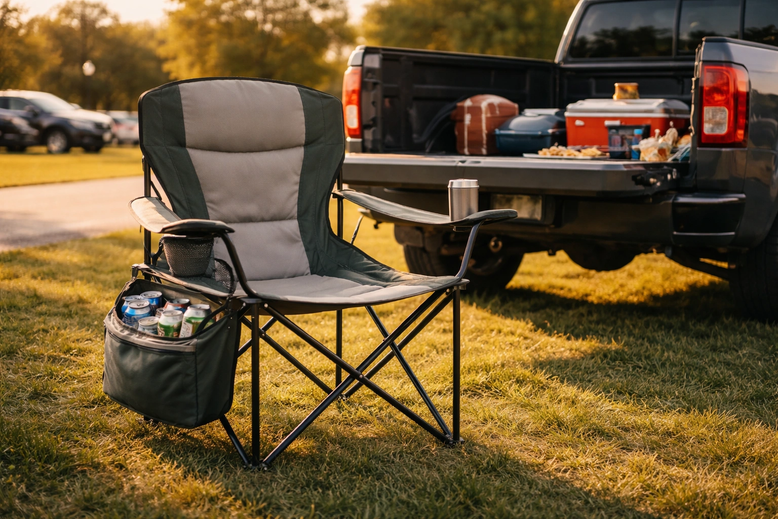 Steel-frame camping chair with built-in cooler pouch set up on grassy field next to pickup truck with tailgate down at sports event parking lot