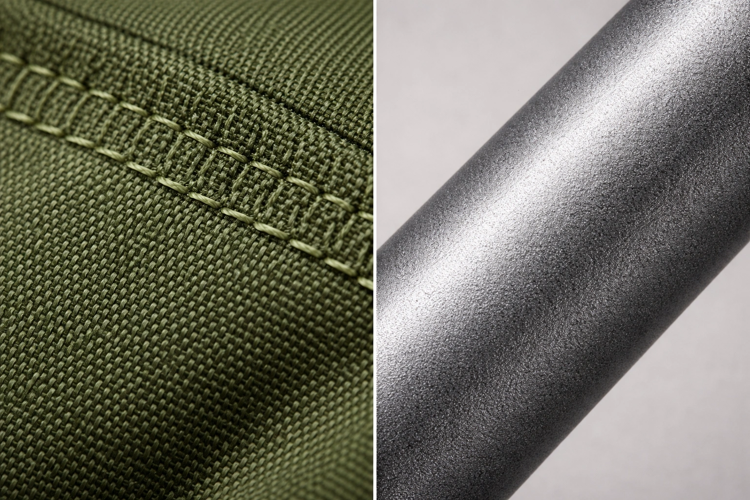 Split macro showing thick green polyester fabric weave with stitching detail on left and powder-coated steel tubing matte finish on right