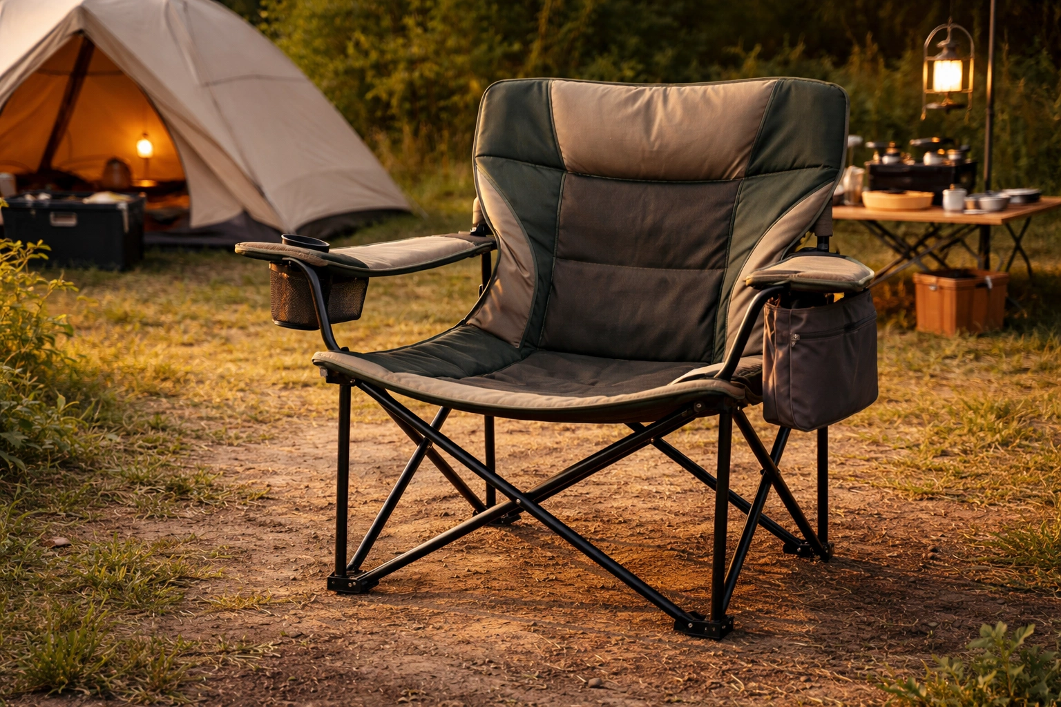 Extra-wide oversized camping chair with tall back and padded armrests at spacious car campsite with large tent and cooking station in background