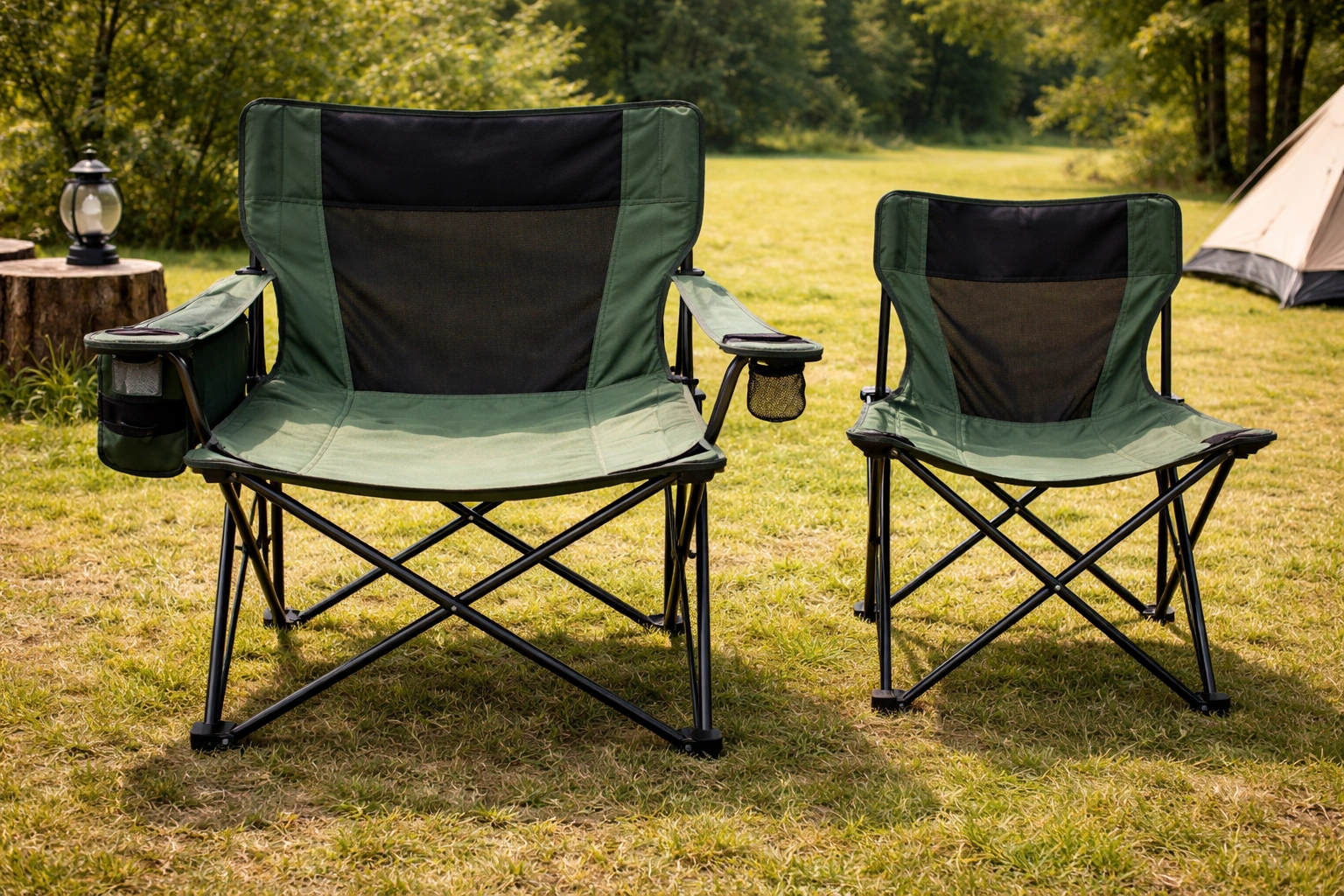 Front view of extra-wide camping chair with broad padded seat and high back on grassy campsite with standard chair beside it for scale